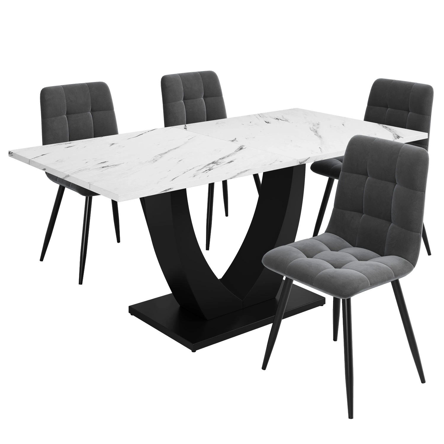 Merax Esstisch Set U-Design Weiß Marmor Grau Samtstühle