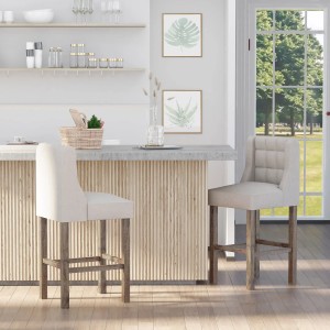 2er-Set graue HOMCOM Barhocker mit Rückenlehne vor Küchentheke.