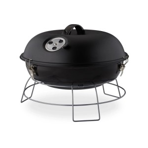 Schwarzer Relaxdays Kugelgrill aus Stahl, tragbar, mit Deckel, Griff und Belüftung auf stabilem Gestell. Ideal für Picknick.