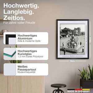 Schwarzer K-Möbel Aluminium Bilderrahmen DIN A1 mit weißem Passepartout und Antireflex-Kunstglas. Ideal für Fotos & Kunstwerke.