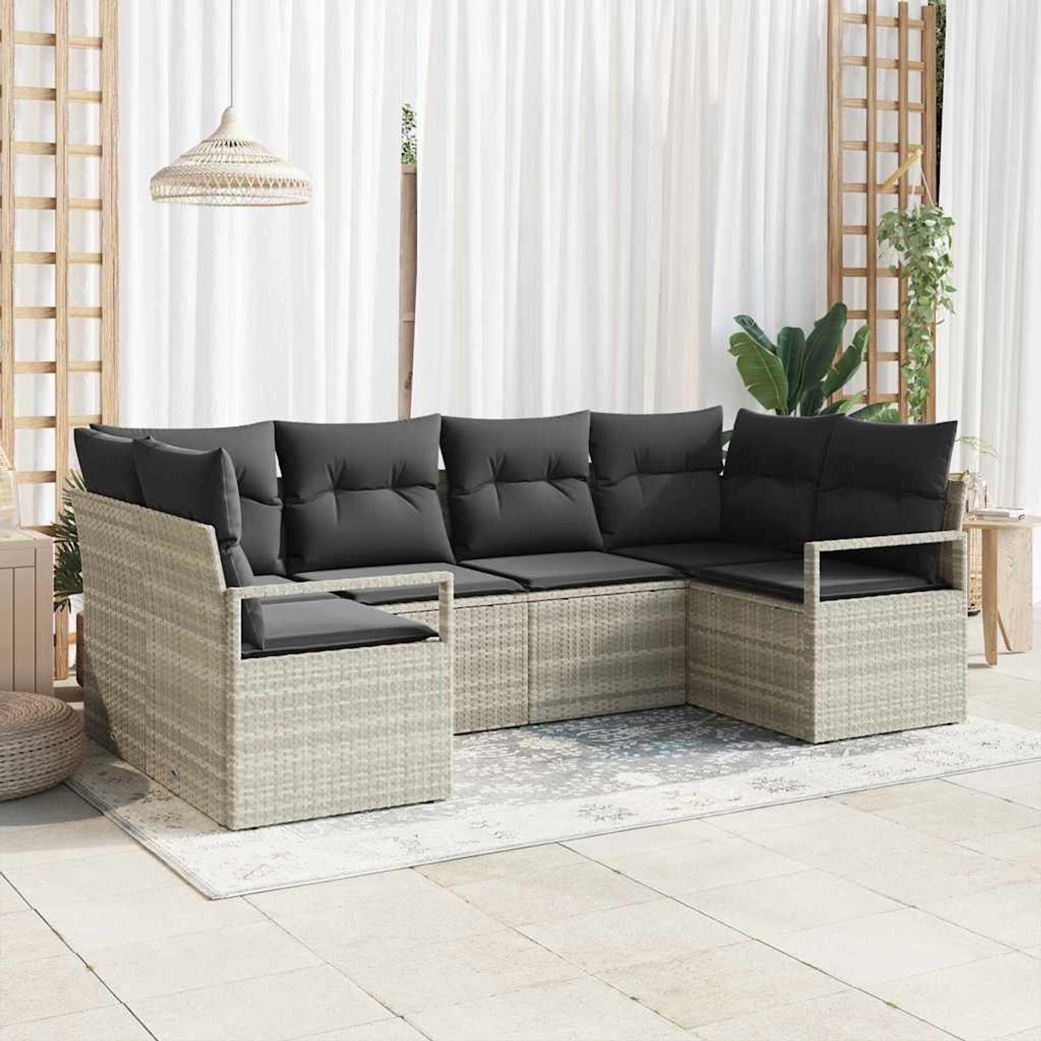 Hellgraues 6-tlg. Garten-Sofa-Set aus Poly Rattan von vidaXL. Modulare Gartenmöbel mit grauen Kissen.