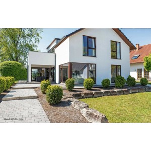 Graues EHL Drän Pflaster 20x20x8 cm vor modernem Haus mit Gartenweg.
