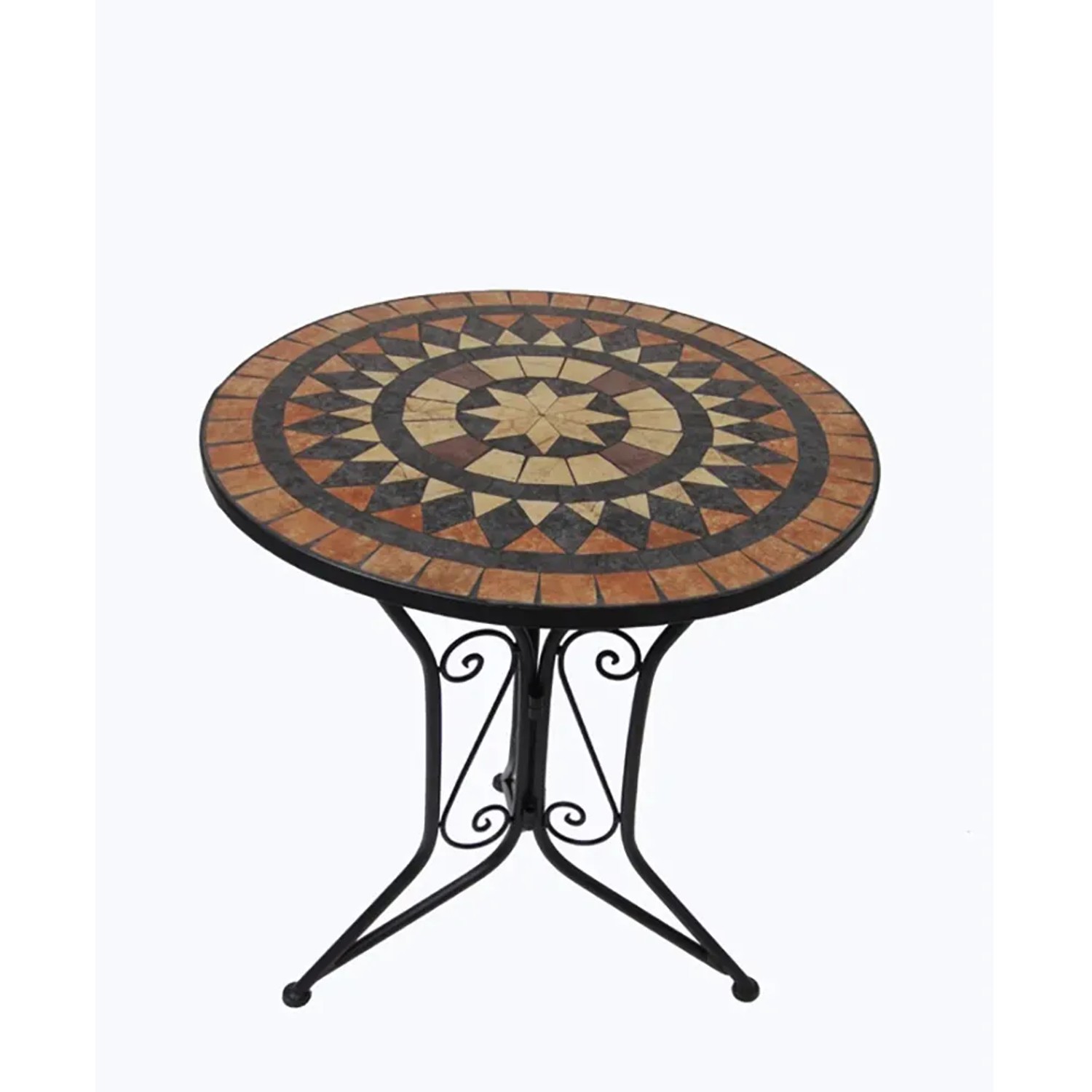 Bistro-Tisch aus dem 3-teiligen Garden Pleasure Pular Set mit Mosaikmuster in Braun- und Schwarztönen.