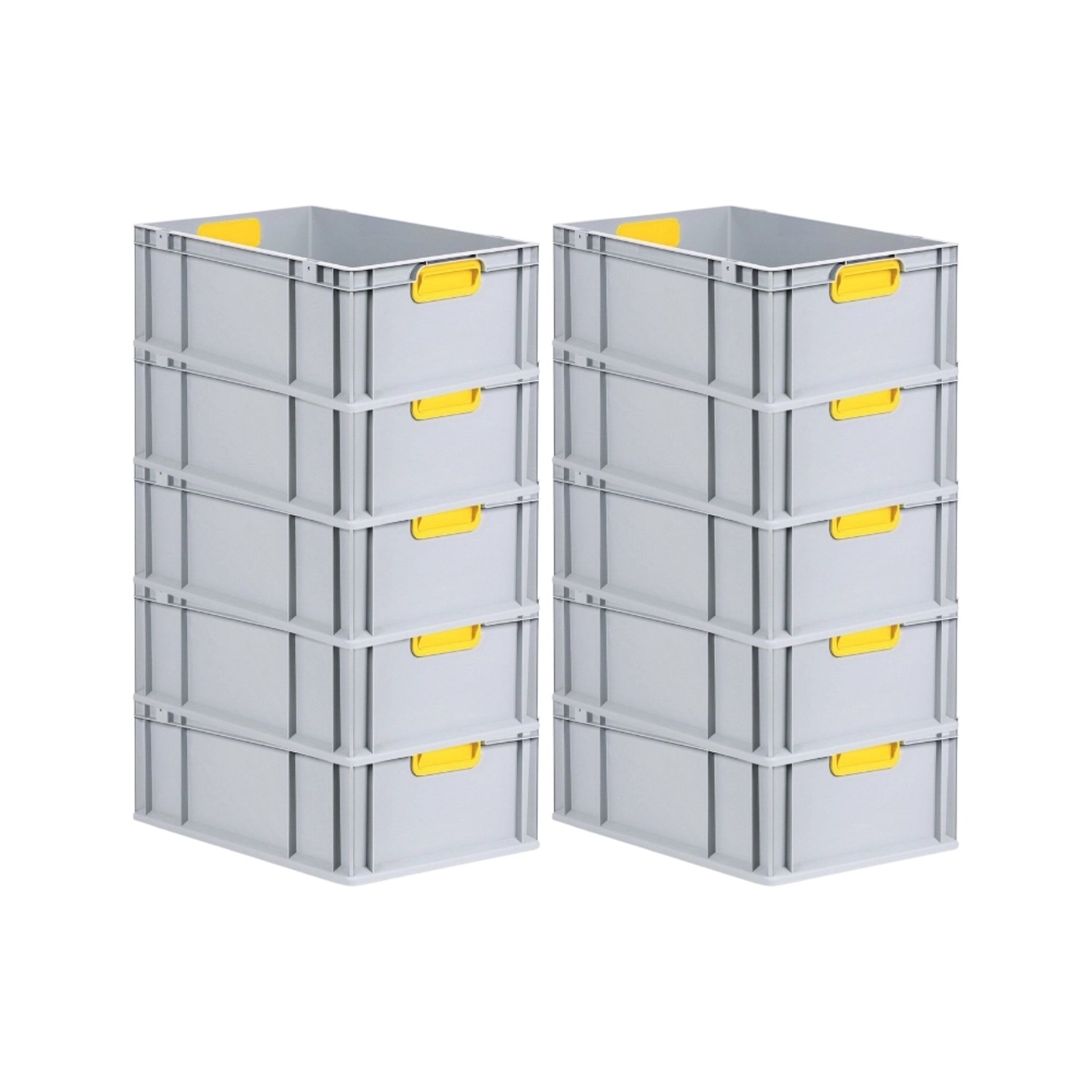 Zwei Stapel grauer Euroboxen mit gelben Griffen. Robuste Aufbewahrungsboxen für Industrie und Gewerbe.