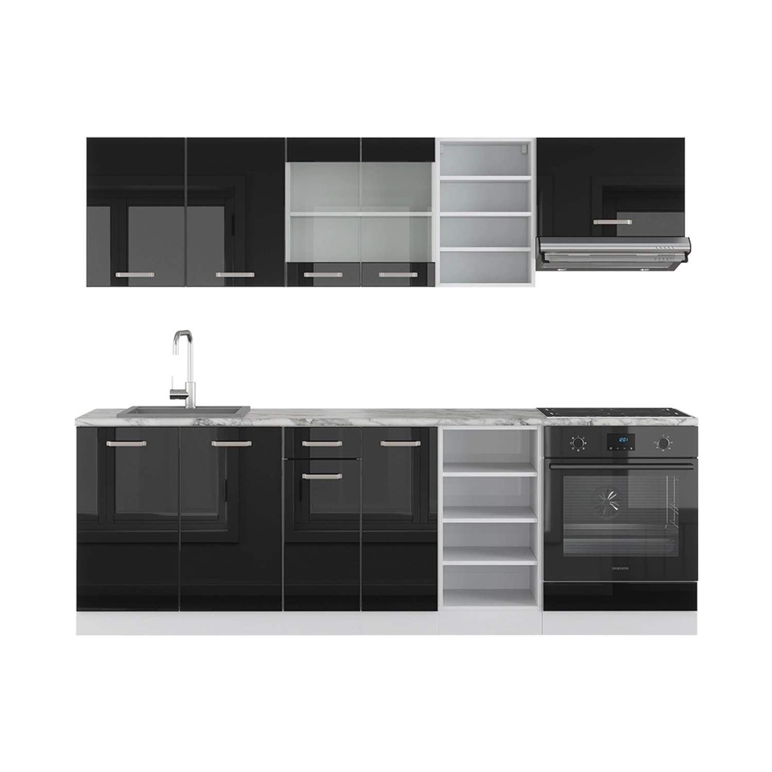 Vicco R-Line Küchenzeile Schwarz Hochglanz 240 cm AP Marmor günstig online kaufen