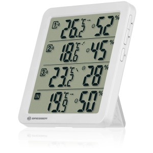 Bresser Thermo-Hygrometer Quadro NV, weiße Wetterstation mit 3 Außensensoren zeigt Temperatur und Luftfeuchtigkeit.