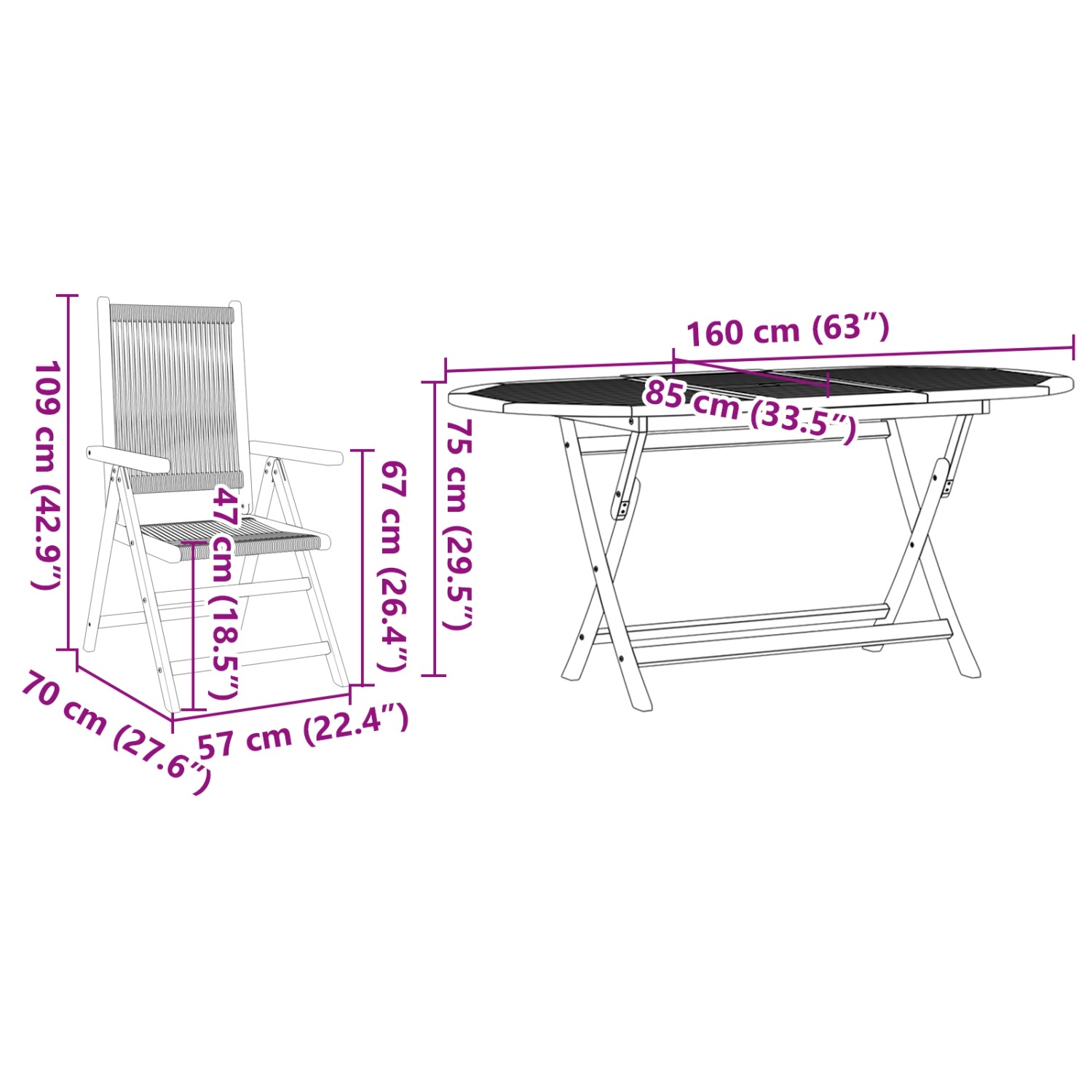 vidaXL 5-tlg. Garten-Essgruppe, Akazienholz & Poly Rattan, mit Maßen des Tisches und Stuhls.
