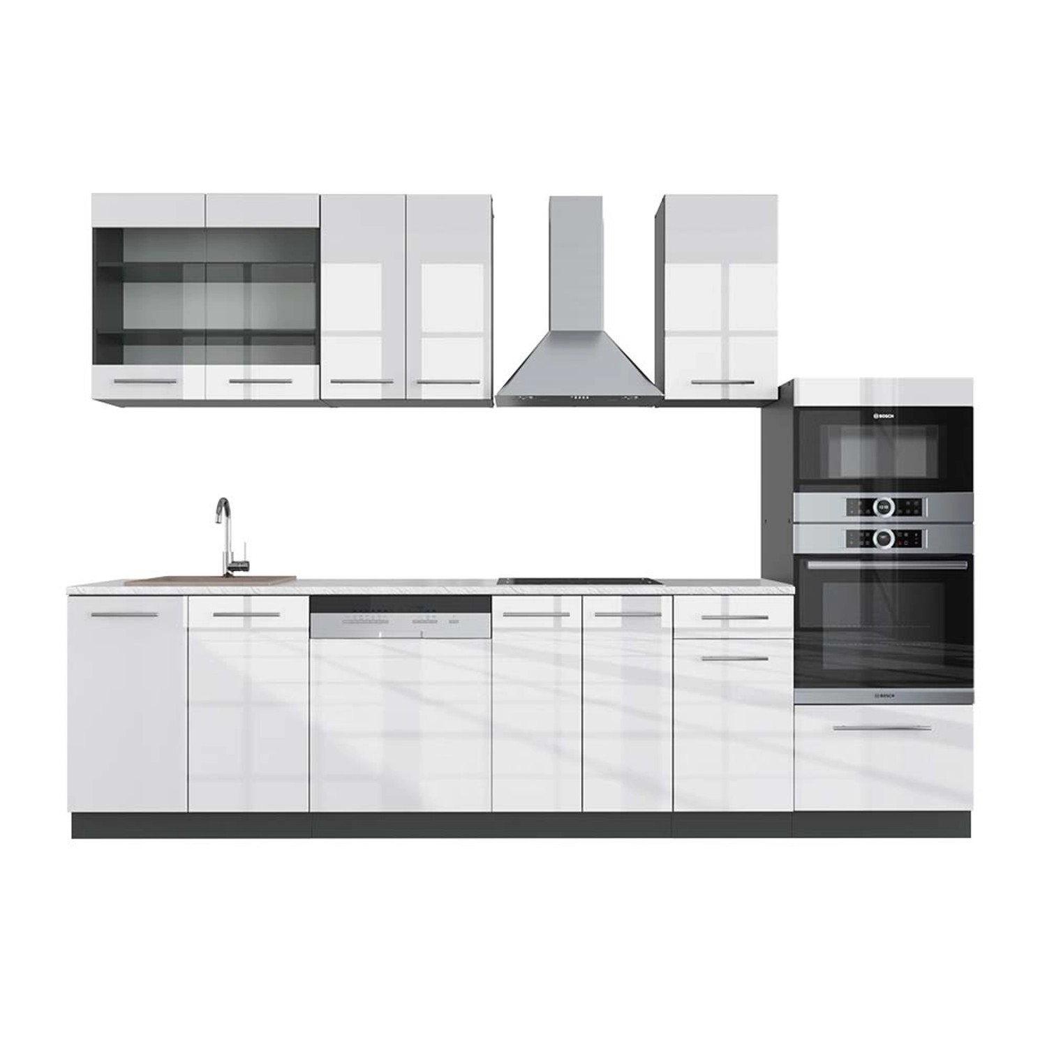 Vicco Fame-Line Küchenzeile Weiß Hochglanz/Anthrazit 300 cm mit Hochschrank günstig online kaufen