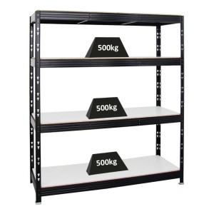 Schwarzes PROREGAL Schwerlastregal Rhino mit 4 Melamin-Ebenen, Fachlast 500 kg, 180x160x60 cm.