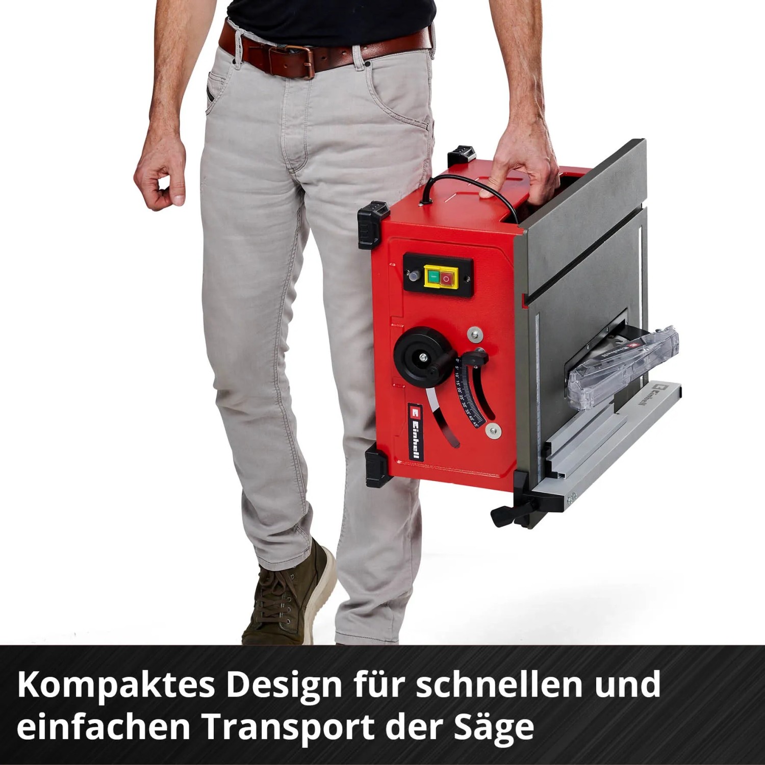 Einhell Tischkreissäge TC-TS 8, rote Tischsäge im Transport durch eine Person.