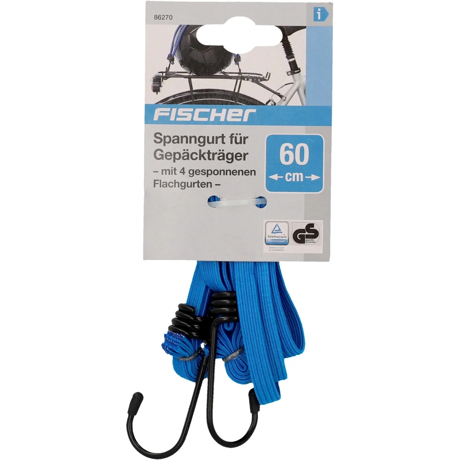 Blauer Fischer Spanngurt (60 cm) für Gepäckträger mit Haken zur Ladungssicherung.
