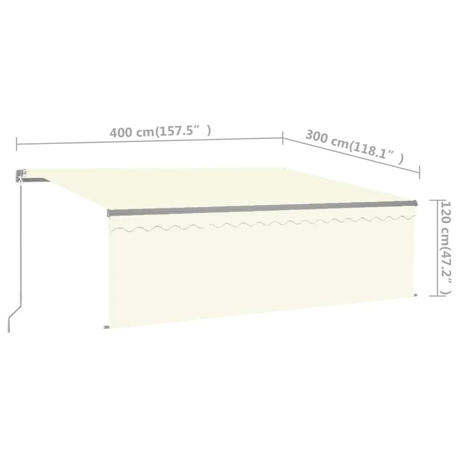 Cremefarbene vidaXL Markise 4x3m, manuell einziehbar mit Rollo. Anthrazitfarbener Aluminiumrahmen, Polyestergewebe.