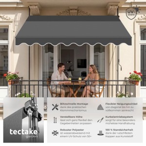 Tectake Klemmmarkise Mit Handkurbel  Ohne Bohren  Uv Beständig Höhenverstellbar 211   304 cm 300 x 180 cm 180 x 300 x 304 cm Schwarz Grau