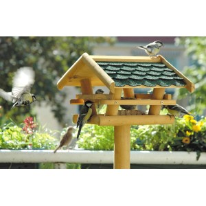 Großes Vogelhaus mit grünem Bitumendach und Ständer aus FSC®-Holz, mit Vögeln.