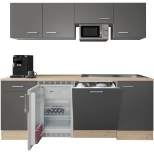 Flex-Well Büroküche Morena, 210 cm, Basaltgrau/San Remo Eiche: Singleküche mit E-Geräten wie Kühlschrank und Geschirrspüler.