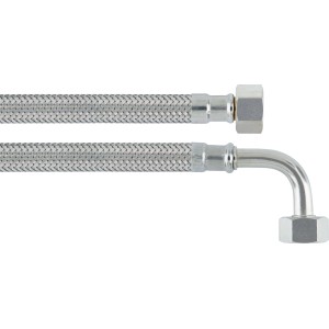 Flexibler Winkel-Anschlussschlauch, 14,9 mm (G 3/8) x 200 mm, aus Edelstahl umflochten.
