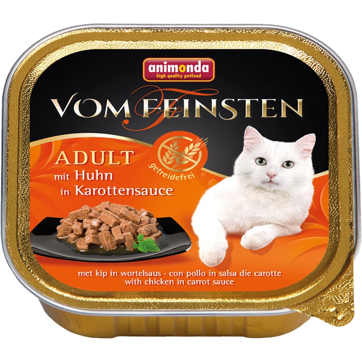 Vom Feinsten Katzen-Nassfutter Adult Huhn & Karotte, getreidefrei in Sauce, 100g Dose.