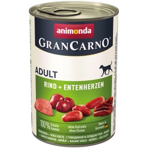 Gran Carno Hunde-Nassfutter Rind & Entenherzen, 400g Dose für adulte Hunde.