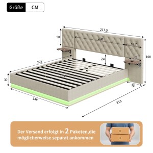 Beiges Polsterbett 140x200cm mit LED-Beleuchtung, Kopfteilablage, USB-Ladestation und Stauraum. Maße sichtbar.