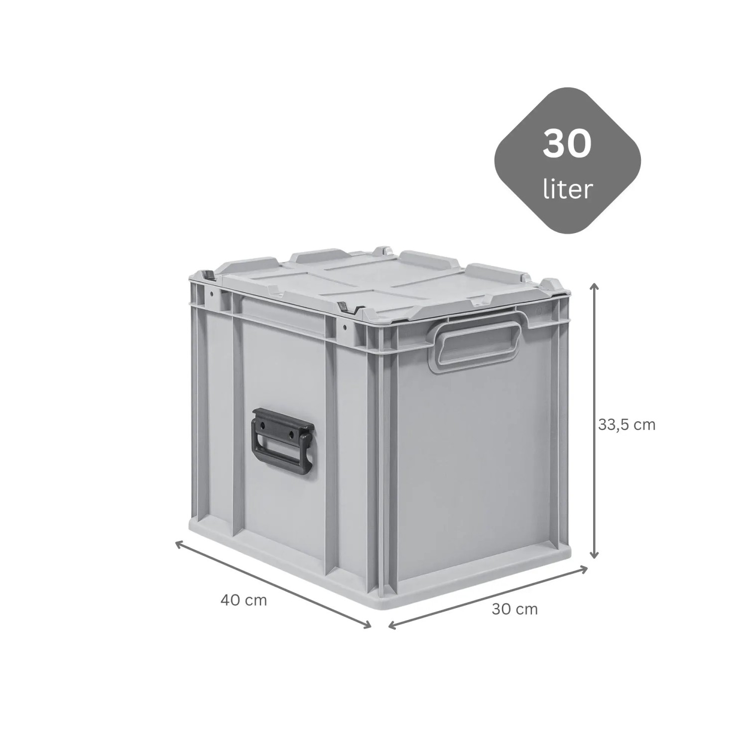 Graue PROREGAL Eurobox 30 Liter mit Deckel und Griffen. Robuster Kunststoff Stapelbehälter 33,5x30x40 cm für Lagerung & Transport.