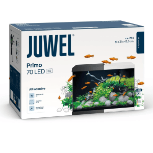 Verpackung des Juwel Aquarium-Set Primo 70 LED 2.0 Weiß mit Aquarium-Beispiel.