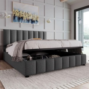 Graues gepolstertes Doppelbett 140x200 cm mit Leinenbezug und hydraulischem Stauraum. Metalllattenrost.
