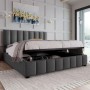 Graues gepolstertes Doppelbett 140x200 cm mit Leinenbezug und hydraulischem Stauraum. Metalllattenrost.
