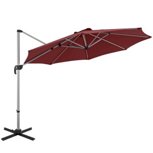 Roter Ampelschirm Ø 330 cm mit Kurbel, neigbar, auf Kreuzfuß. Robustes Polyestergewebe, Aluminiumgestell.