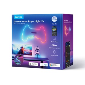 Verpackung des Govee Neon Lichtschlauchs H61D4-B 2 Schwarz, der einen leuchtenden Gamecontroller zeigt.