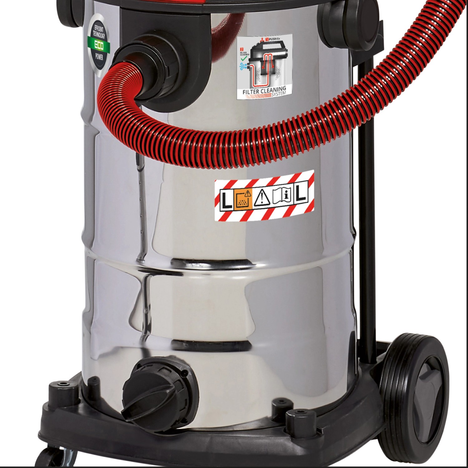 Einhell TE-VC 2340 SACL Nass-Trockensauger aus Edelstahl mit rotem Schlauch.