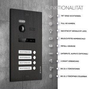 Schwarze Balter EVO Video-Türsprechanlage für 4-Familienhaus mit 4 Monitoren.
