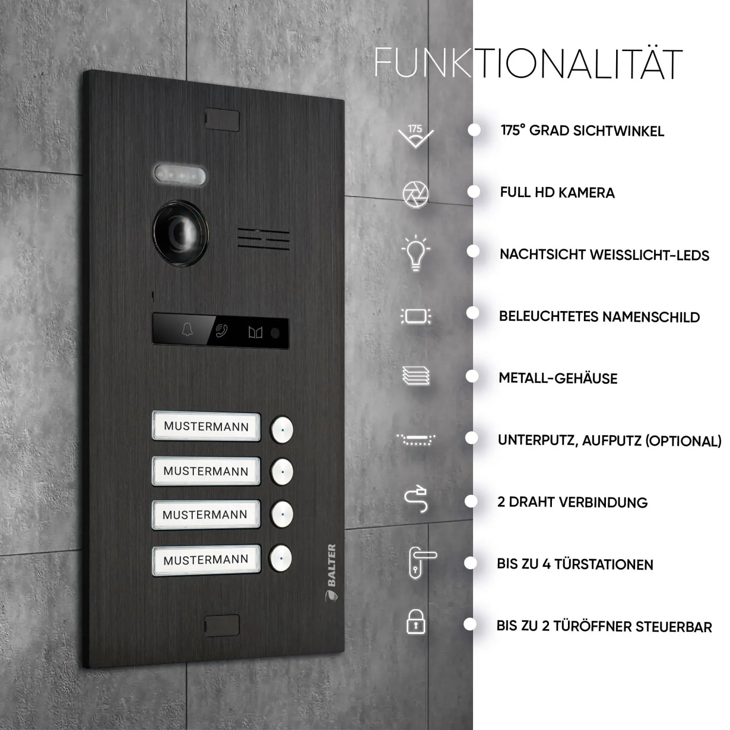 Schwarze Balter EVO Video-Türsprechanlage für 4-Familienhaus mit 4 Monitoren.