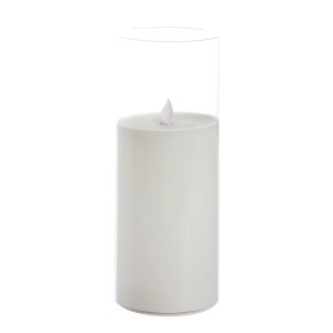 Weiße FlowerPower LED-Kerze im Glas Puro, 10x25cm, aus Echtwachs mit Timer.
