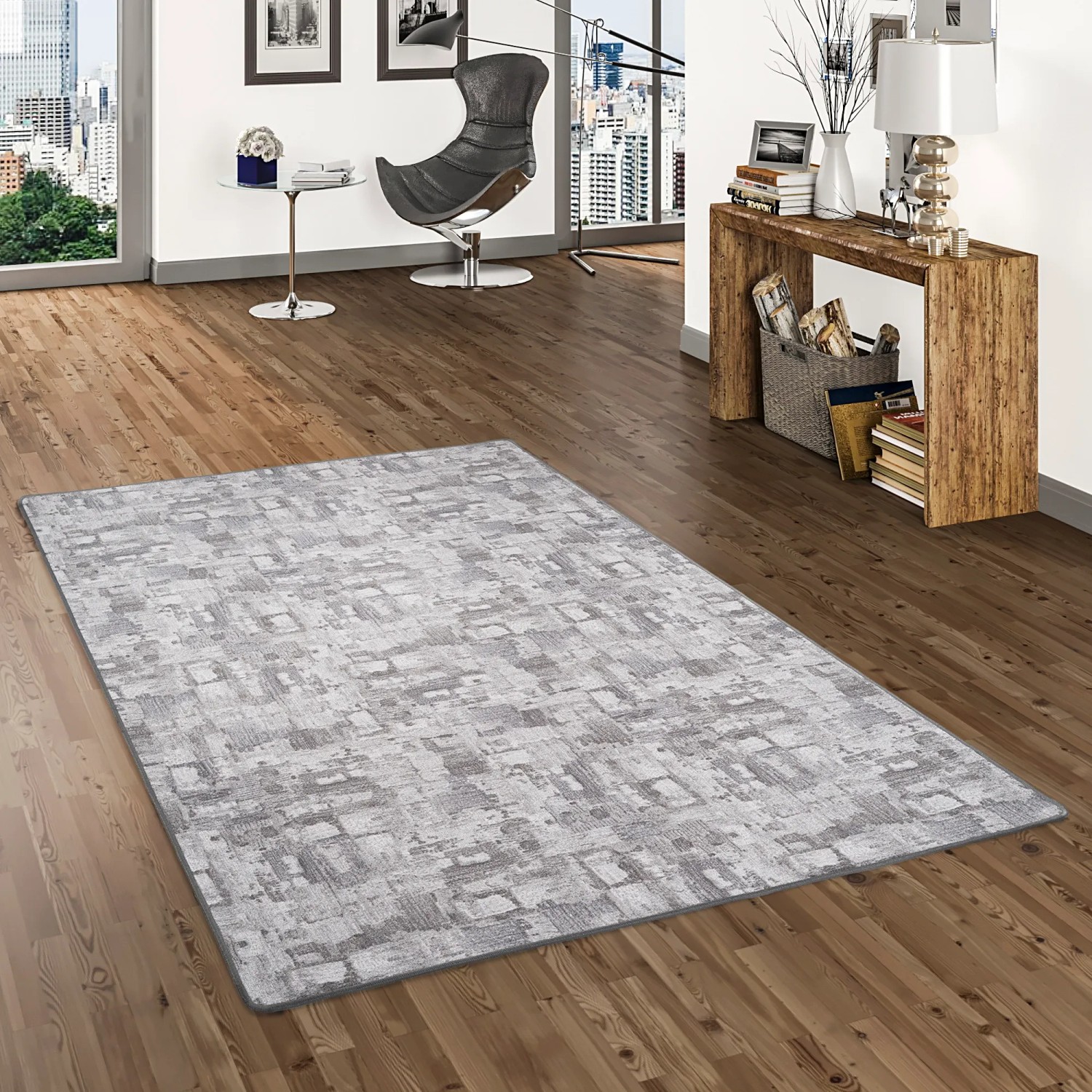 Hellgrauer Snapstyle Feinschlingen Velour Teppich, 140x200cm, im modernen Wohnraum.
