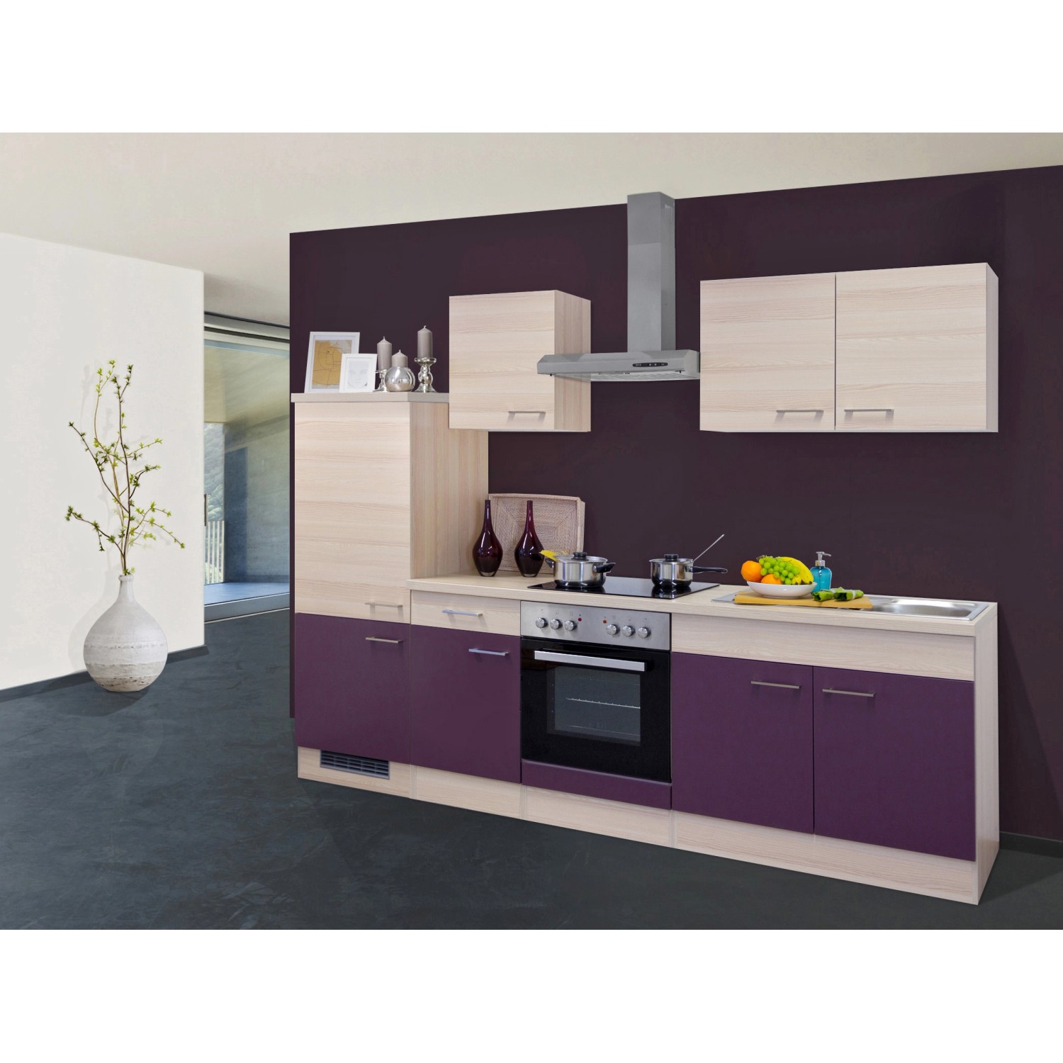 Flex-Well Exclusiv Küchenzeile/Küchenblock Focus 270 cm Akazie-Aubergine