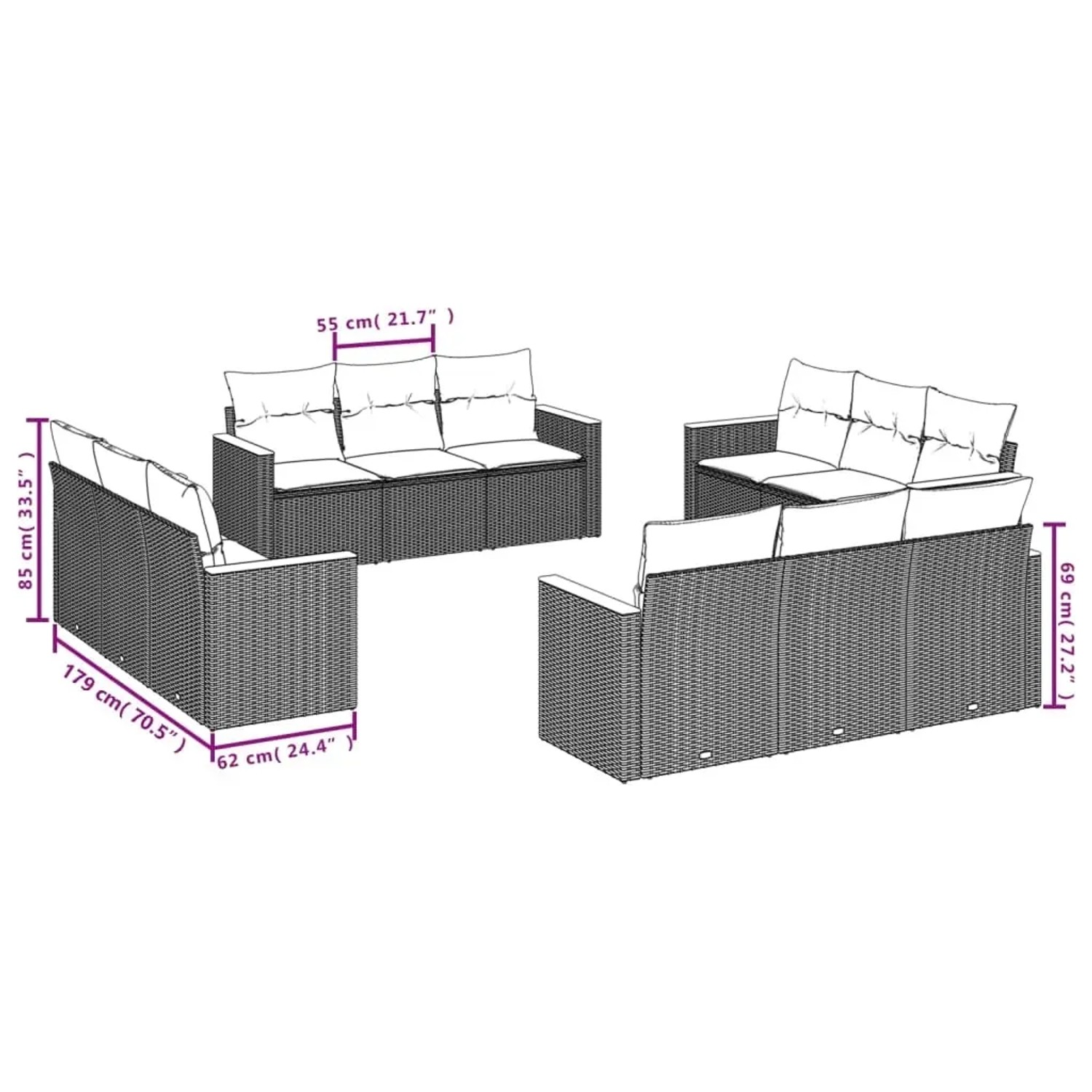 vidaXL 12-tlg. Garten-Sofagarnitur aus schwarzem Poly Rattan mit Kissen.
