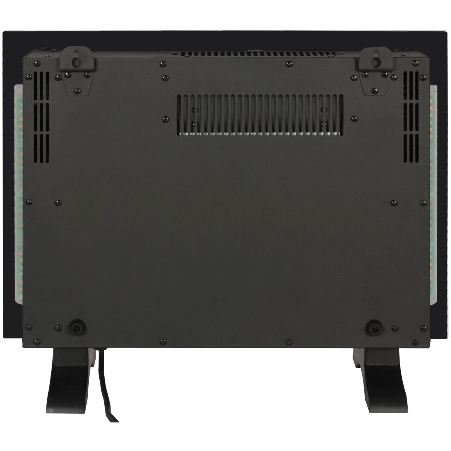 Rückansicht des schwarzen El Fuego Elektrokamins Aarau II mit Standfüßen.