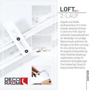 Weiße 2-Lauf Gardinenschiene Loft aus Aluminium mit Montagezubehör. Ideal für moderne Fensterdekorationen.