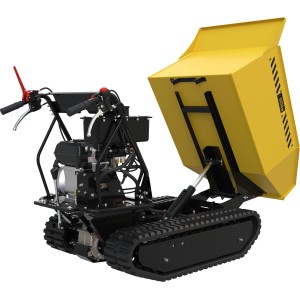 Güde Raupendumper GRD 500/R in Gelb-Schwarz mit hochgeklappter Mulde. Ideal für unwegsames Gelände.