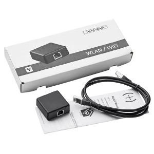 Haas+Sohn WLAN-Modul zur Fernsteuerung von Pelletöfen, mit LAN-Kabel und Verpackung.