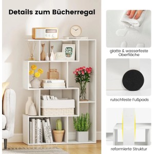 Weißes, geometrisches Holzregal mit 6 Fächern für Bücher und Deko. Modernes Bücherregal mit Kippsicherung und glatter Oberfläche.