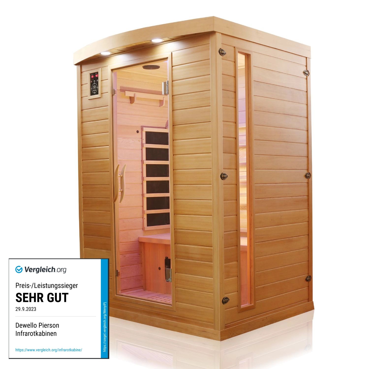 Dewello Infrarotkabine Sauna Pierson 135cm x 105cm 2 Personen Vollspektrum & Karbonstrahler Hemlock Tannenholz