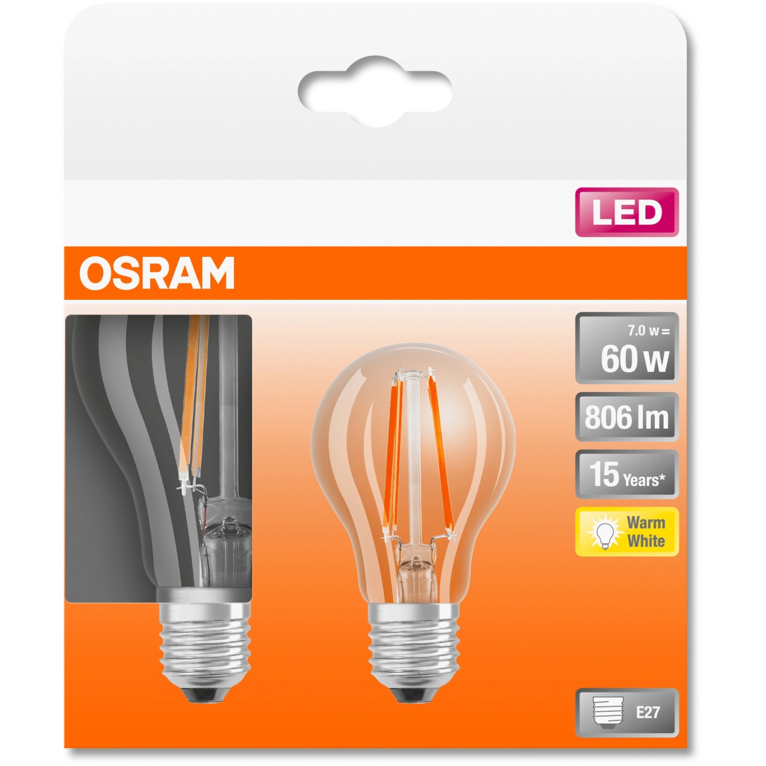 Osram E27 LED Leuchtmittel in Glühlampenform, 6,5W, warmweißes Licht für Wohnräume.