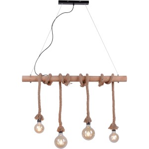 Schwarze 4-flammige Pendelleuchte Rope im maritimen Design mit Holzbalken und Seilen.