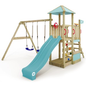 Wickey Spielturm Smart Savana mit Rutsche und Schaukel in Pastellblau.