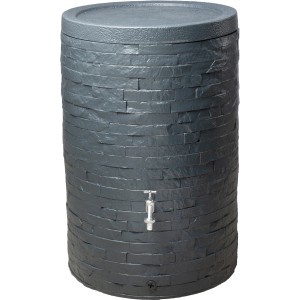 Garantia Regenspeicher Muro 420 l in Grau mit Steinoptik und Wasserhahn.