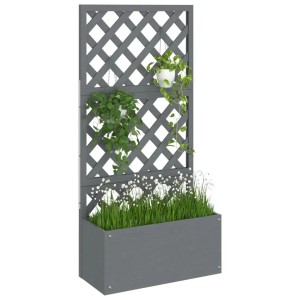 Grauer vidaXL Blumenkasten mit Rankgitter, WPC, 65x33x135 cm, bepflanzt mit Blumen und Rankpflanzen.