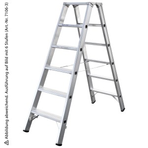 Iller Stufenstehleiter mit 2x4 Stufen aus Aluminium, mit Ablageschalen und Sicherheitsgurten.