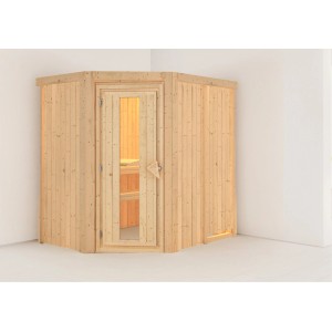 Karibu Sauna Silva Natur: Elementsauna aus Holz mit Glastür, Bänken und Ofenschutzgitter.