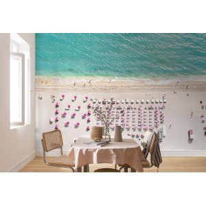 Komar Vlies Fototapete Pink Umbrella, Strand mit pinken Sonnenschirmen, 400x250 cm.